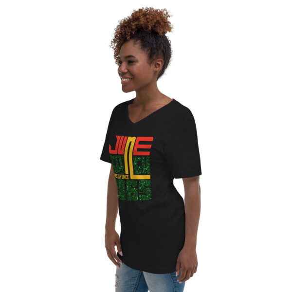 Women's  Juneteenth Glittered Illusion Short Sleeve V-Neck T-Shirt - Image 1