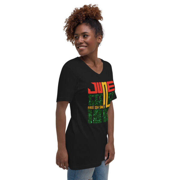 Women's  Juneteenth Glittered Illusion Short Sleeve V-Neck T-Shirt - Image 2