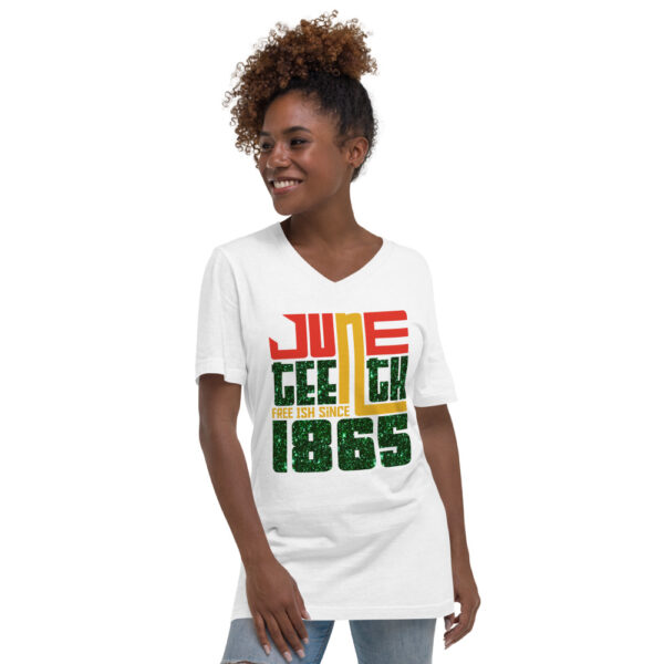 Women's  Juneteenth Glittered Illusion Short Sleeve V-Neck T-Shirt - Image 3