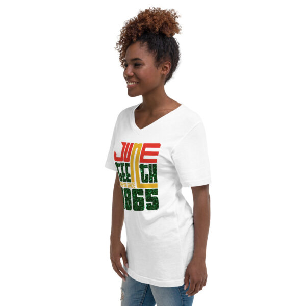 Women's  Juneteenth Glittered Illusion Short Sleeve V-Neck T-Shirt - Image 4