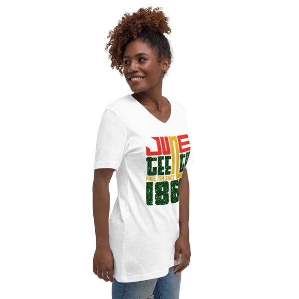 Women's  Juneteenth Glittered Illusion Short Sleeve V-Neck T-Shirt - Image 5